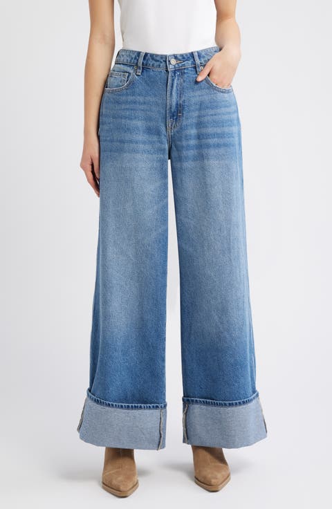 Cuffed High Waist Wide Leg Jeans