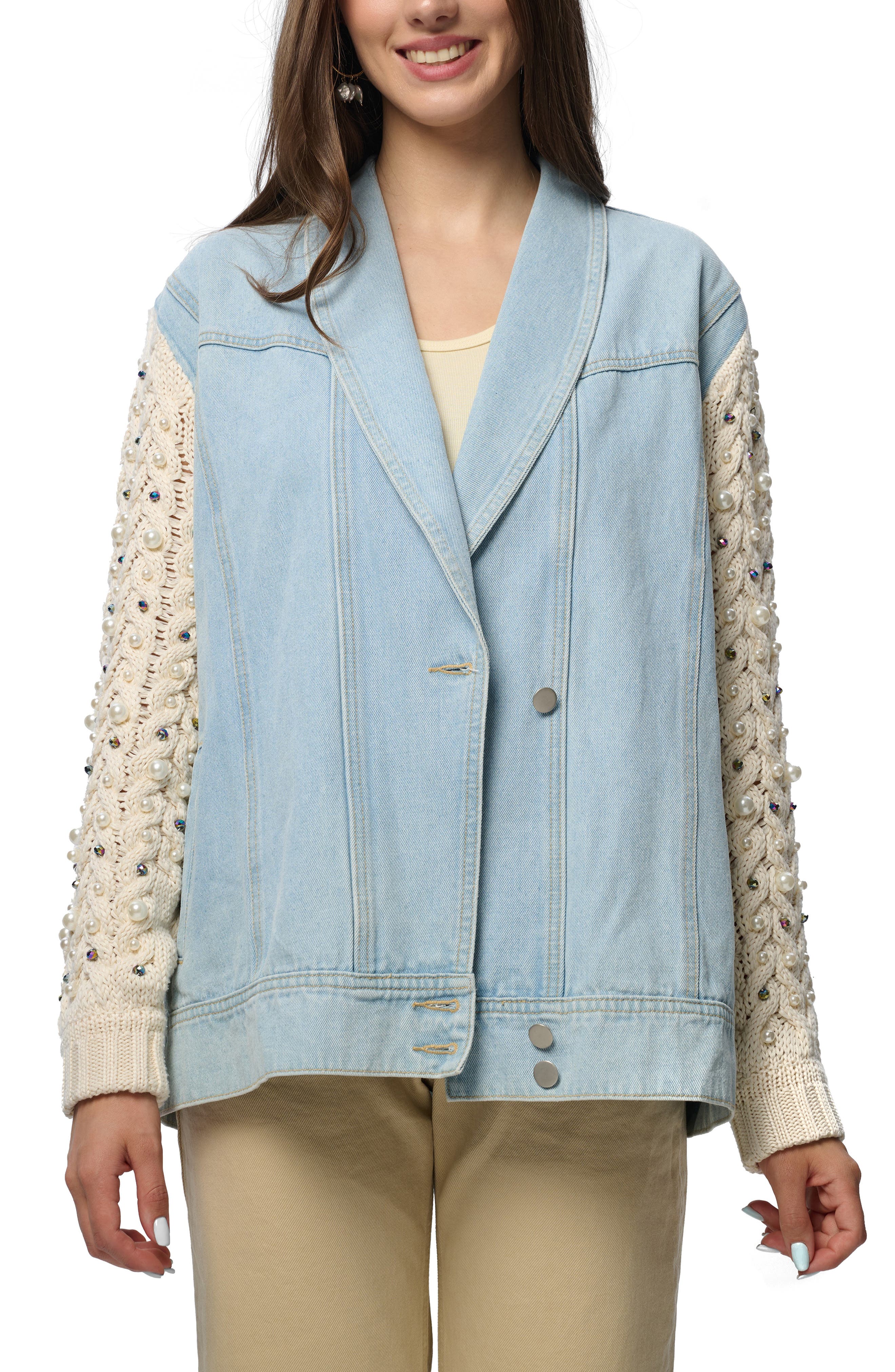 SAACHI Embellished Knit Sleeve Denim Jacket