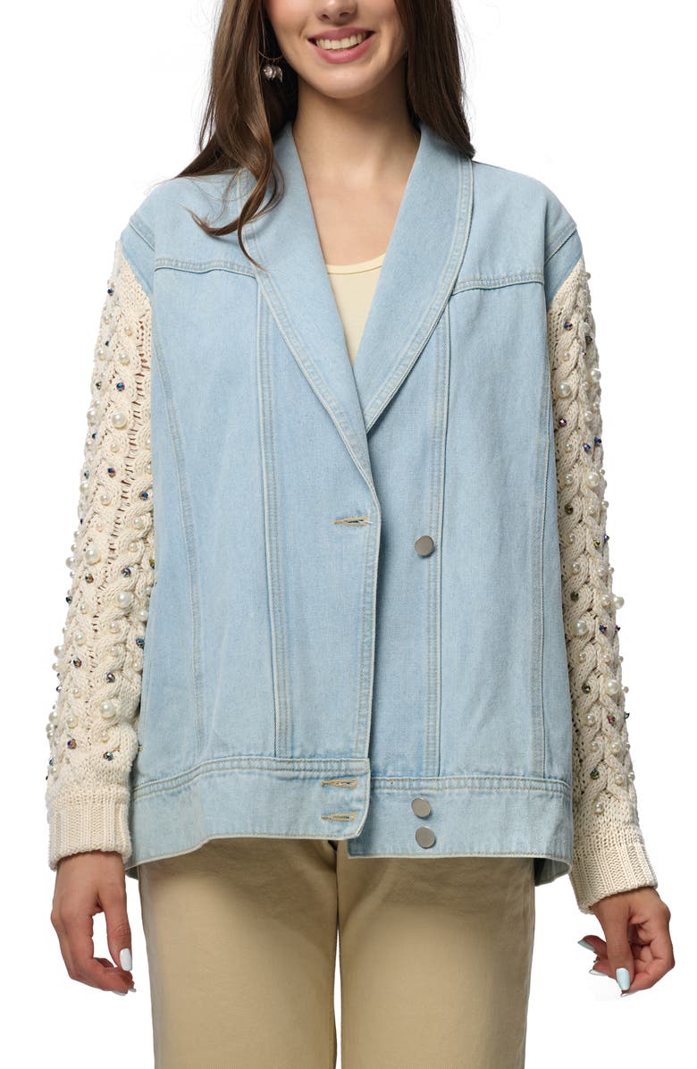 SAACHI Embellished Knit Sleeve Denim Jacket, Main, color, Denim