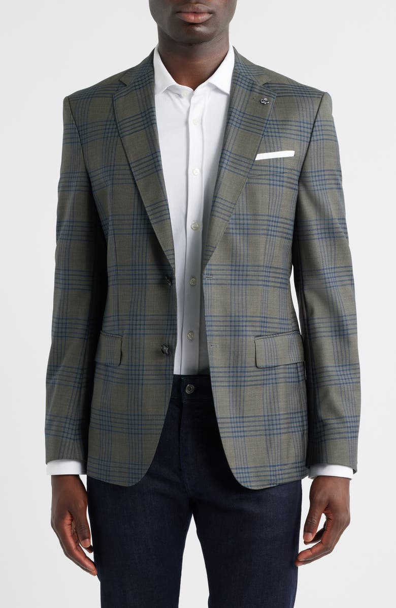 BOSS Hutson Slim Fit Grey Plaid Wool Sport Coat, Main, color, Open Green