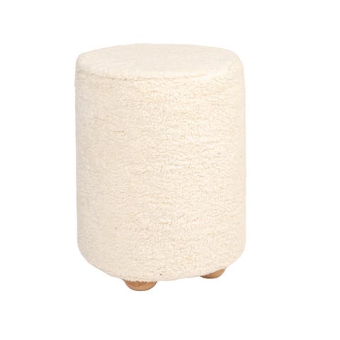 Round  Upholstered Pouf with Pine Wood Feet, Cream and Natural