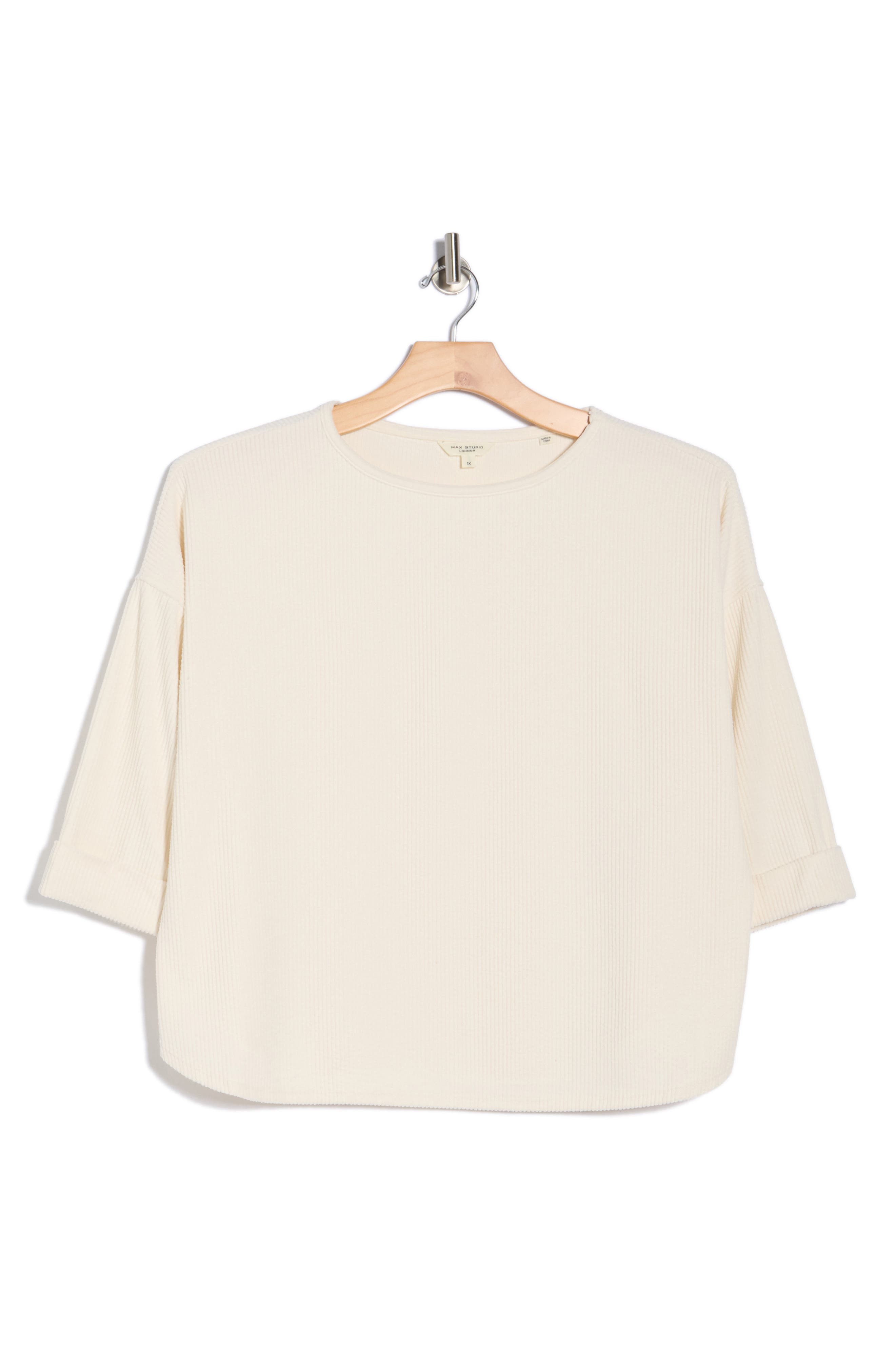 Max Studio Long Sleeve Knit Corduroy Top In White
