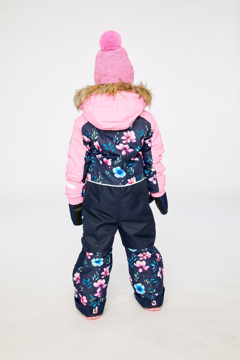 Play Floral Faux Fur Hood & One Piece Snowsuit, Alternate, color, Blue Floral Print