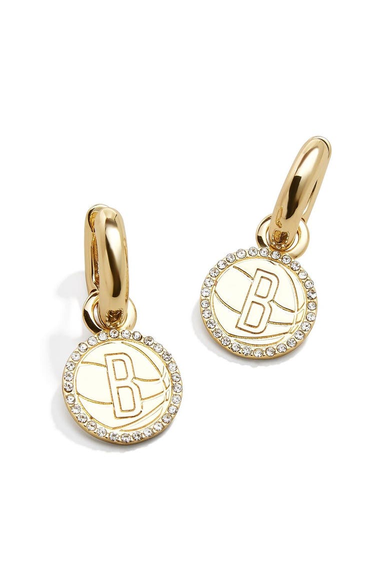 Brooklyn Nets Basketball Huggie Earrings, Main, color, Gold