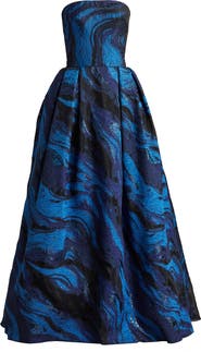 Tadashi Shoji Metallic Swirl Print Strapless Gown