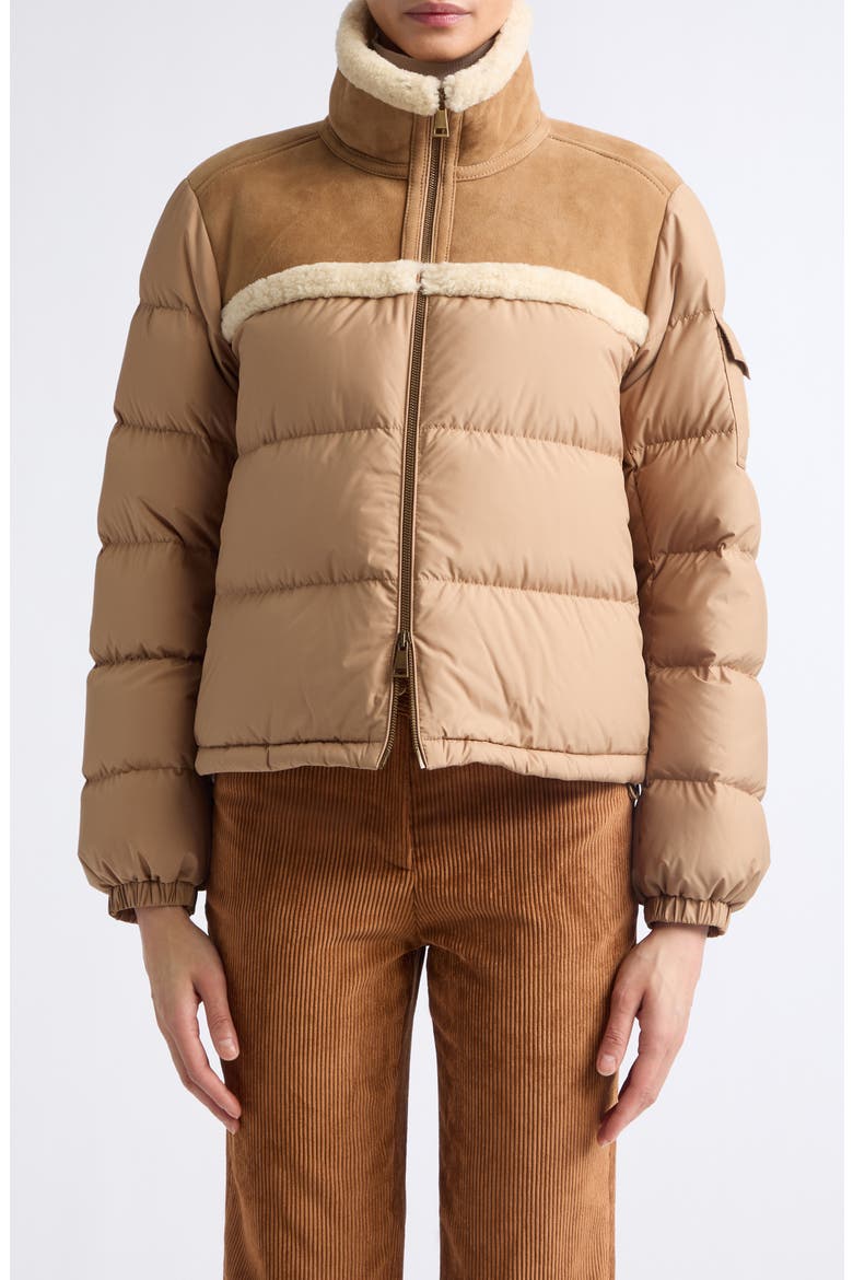 Aurore Genuine Shearling Trim Down Jacket, Main, color, BROWN