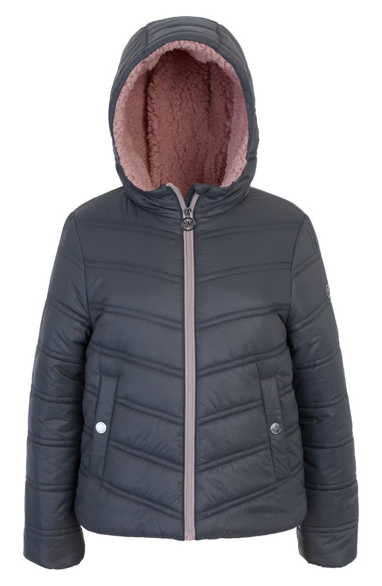 Michael Kors Kids' Plush Lined Hooded Puffer Jacket, Main, color, Gunmetal