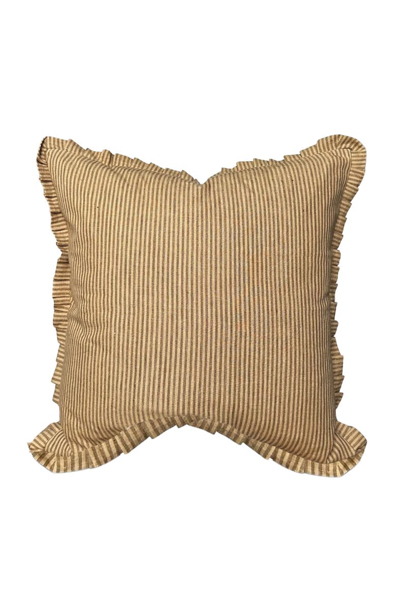 Foster | Brown Tan Pleated Ruffle Linen Stripe Pillow Cover, Main, color, Golden Brown