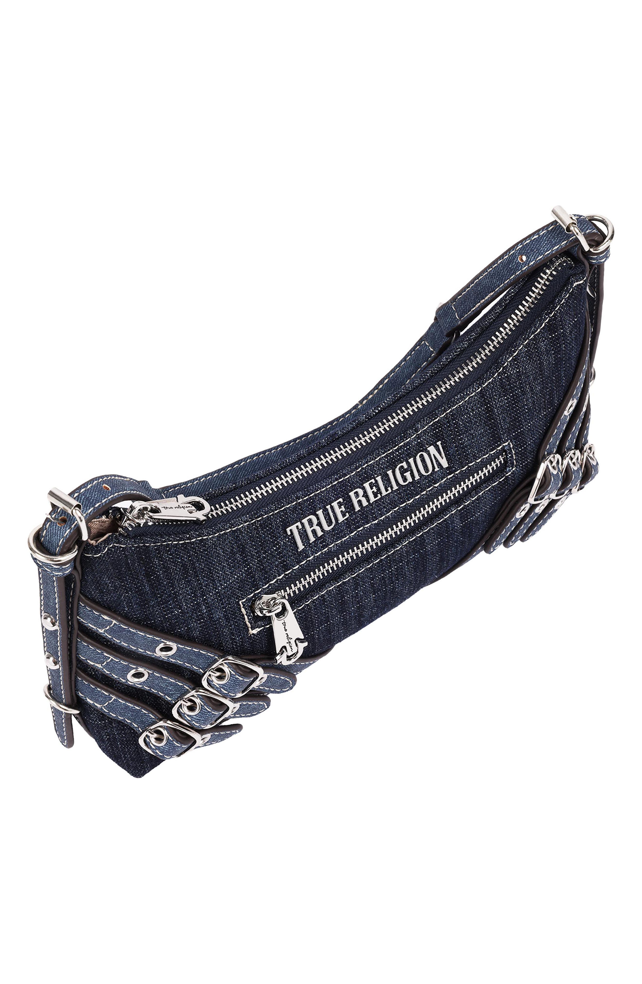 Triple Straps Denim Shoulder Bag, Alternate, color, DARK DENIM