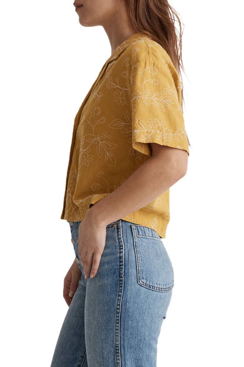 Resort Embroidered Linen Blend Crop Button-Up Shirt, Alternate, color, GILDED CHARTREUSE