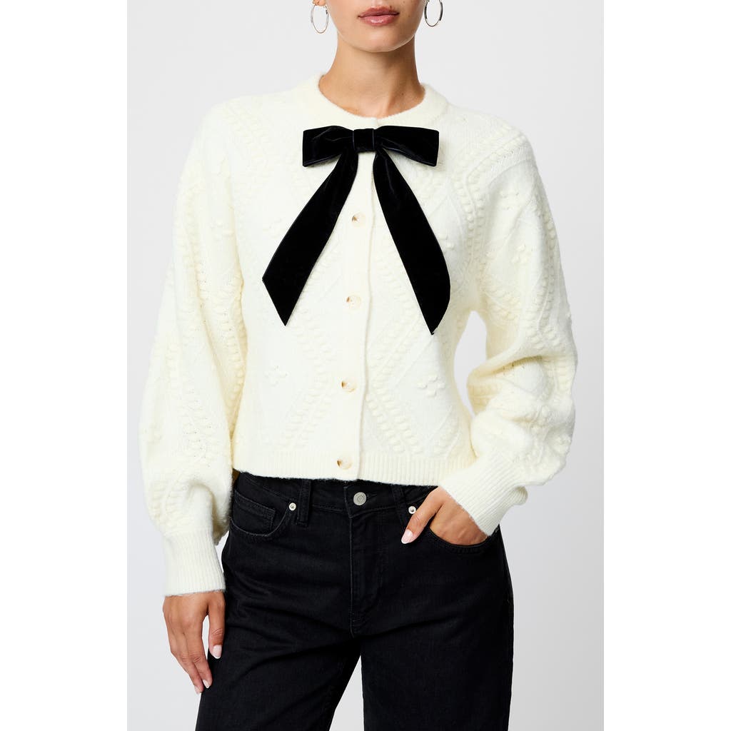 French Connection Kitty Bobble Velvet Bow Cardigan In White