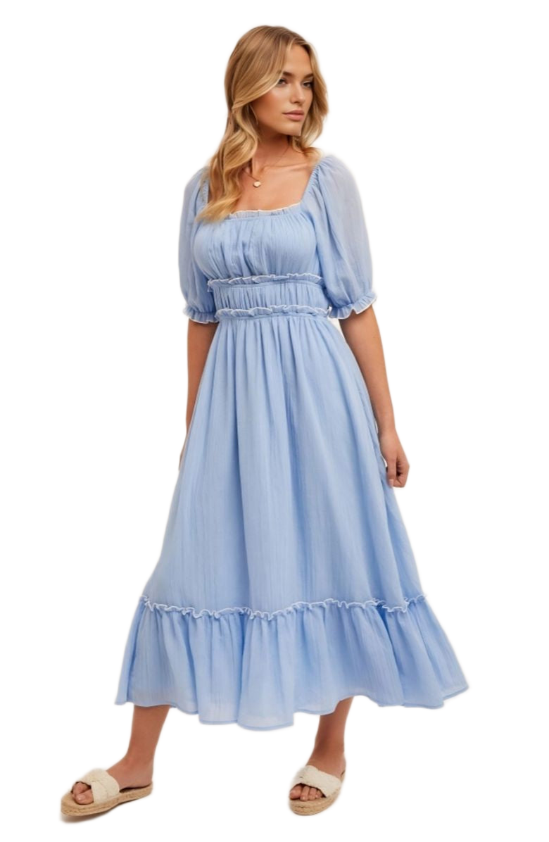 Knit and Lounge Puff Sleeve Square Neck Midi Dress with Tiered Skirt and Ruffle Trim, Alternate, color, 