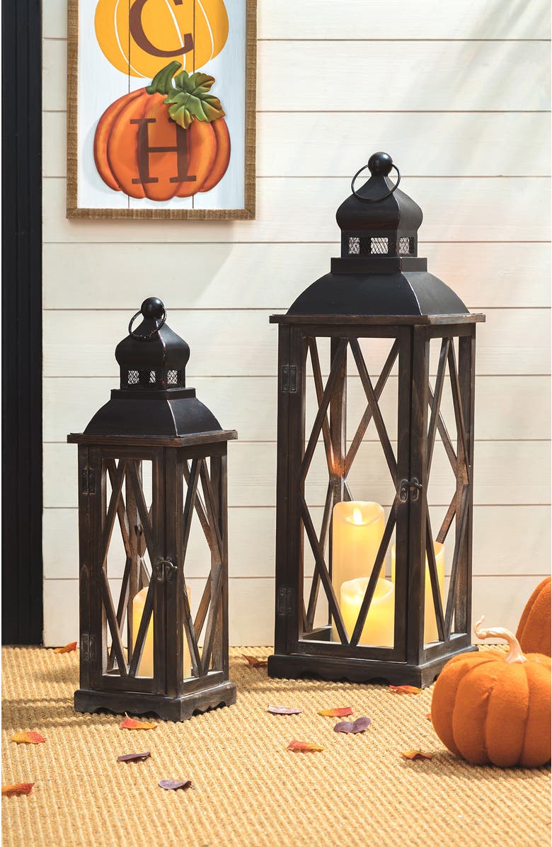 Glitzhome Set of 2 Oversize Farmhouse Hanging Candle Holders Decorative Floor Lanterns, Alternate, color, Black