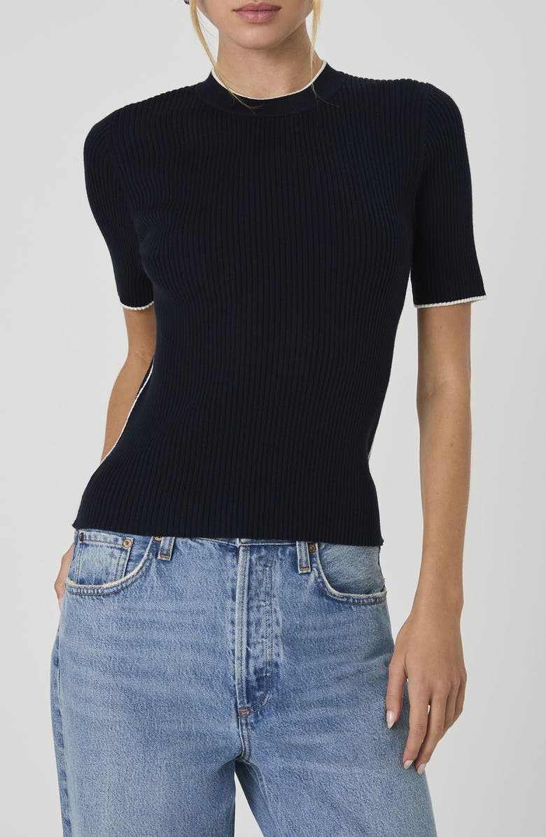 French Connection Mozza Short Sleeve Cotton Rib Sweater, Main, color, 40-Marine-Porc Cream