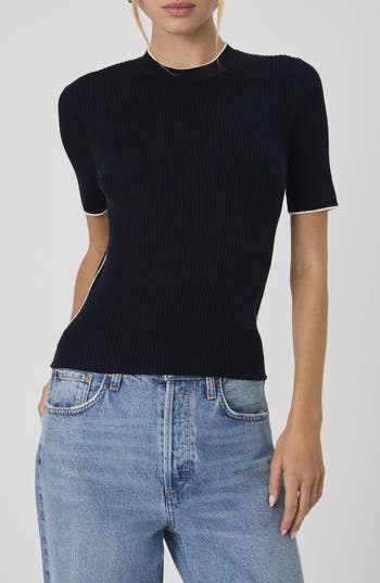 French Connection Mozza Short Sleeve Cotton Rib Sweater In Black