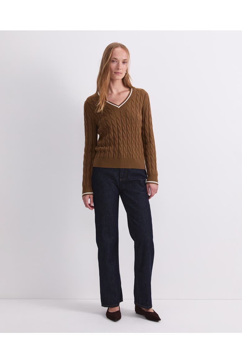 Merino Cable V Neck Sweater, Alternate, color, Tobacco