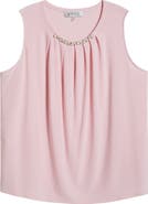 KASPER Faux Pearl Embellished Sleeveless Pleat Neck Top