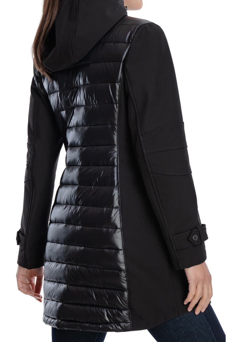 Water-Resistant Hooded Softshell Long Puffer Jacket, Alternate, color, BLACK