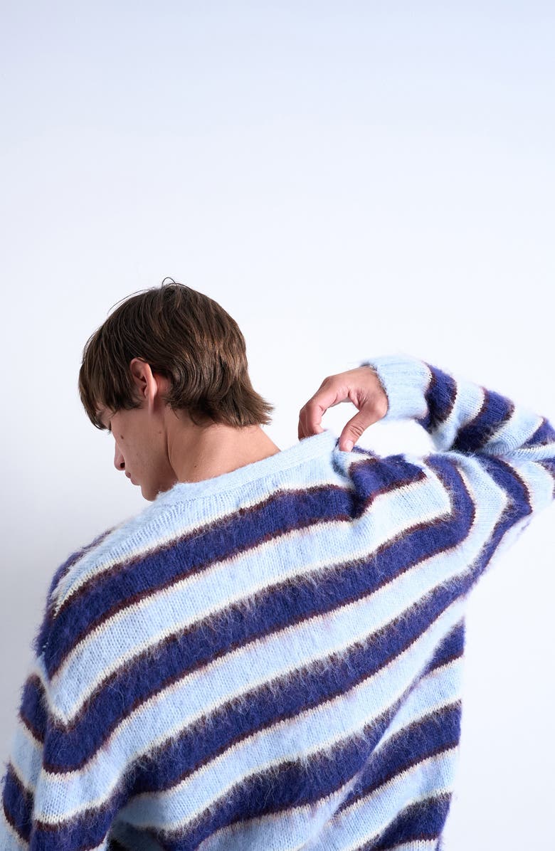 Topman Oversize Stripe Fluffy Cardigan, Alternate, color, Blue