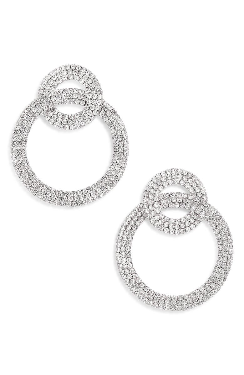 Tasha Crystal Frontal Hoop Earrings, Main, color, Silver Crystal