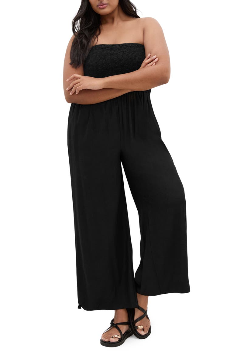 Ally Smocked Strapless Wide Leg Jumpsuit, Main, color, BLACK