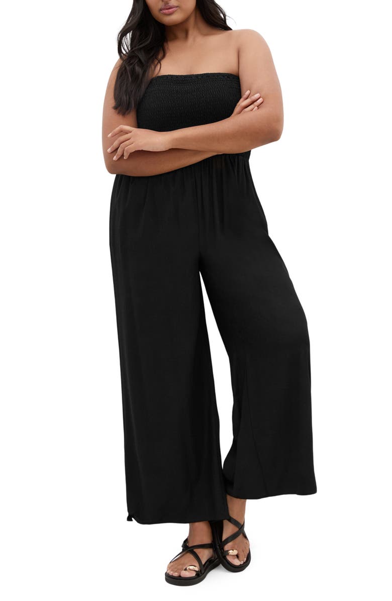 City Chic Ally Smocked Strapless Wide Leg Jumpsuit, Main, color, 