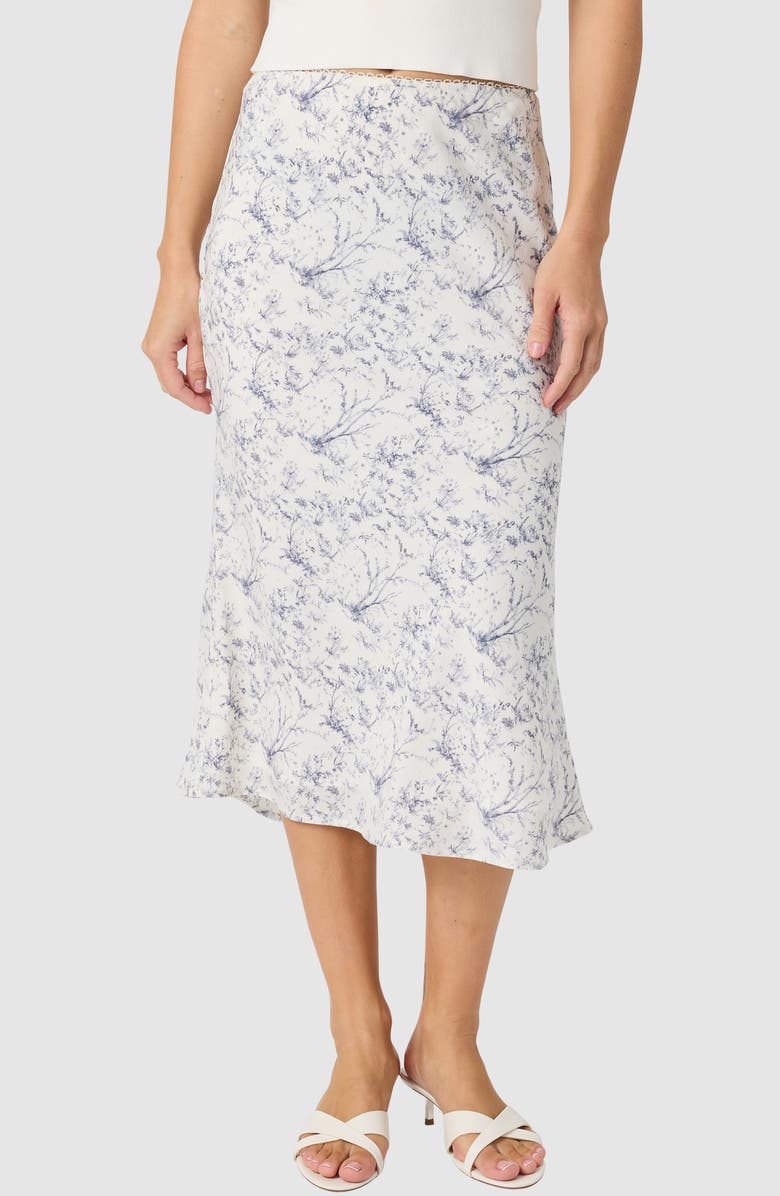 All in Favor Floral Bias Cut Midi Skirt, Main, color, Cream Blue Toile