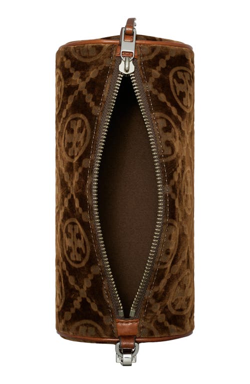 Tory Burch T Monogram Flocked Velvet Cylinder Shoulder Bag In Sand