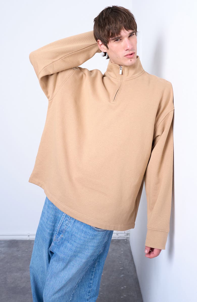 Topman Heavyweight Oversize Quarter Zip Sweatshirt, Alternate, color, Dark Stone