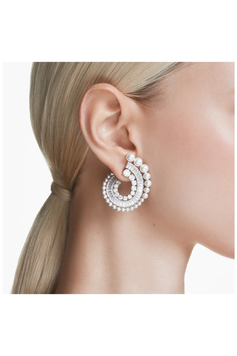 x Ariana Grande Mixed-Cut Cubic Zirconia & Faux Pearl Hoop Earrings, Alternate, color, WHITE/ SILVER