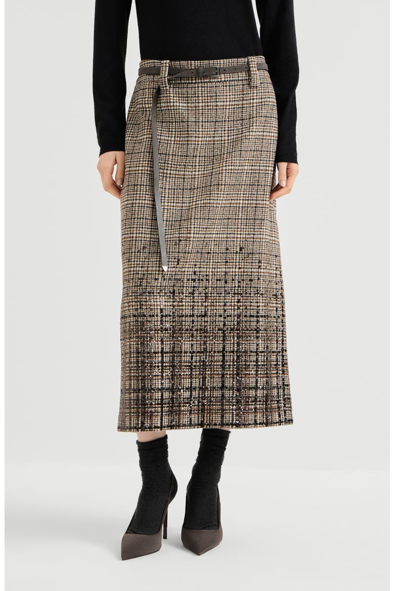 Checked alpaca and wool pencil skirt with dazzling degradé embroidery, Main, color, Brown