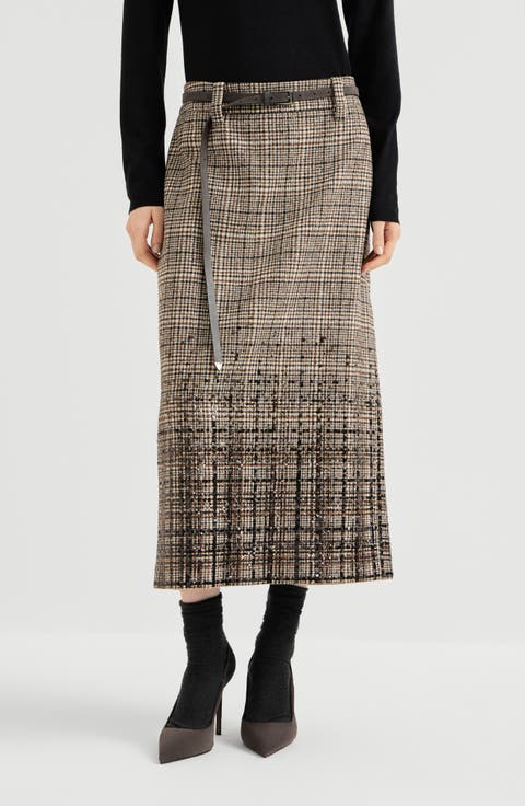 Checked alpaca and wool pencil skirt with dazzling degradé embroidery
