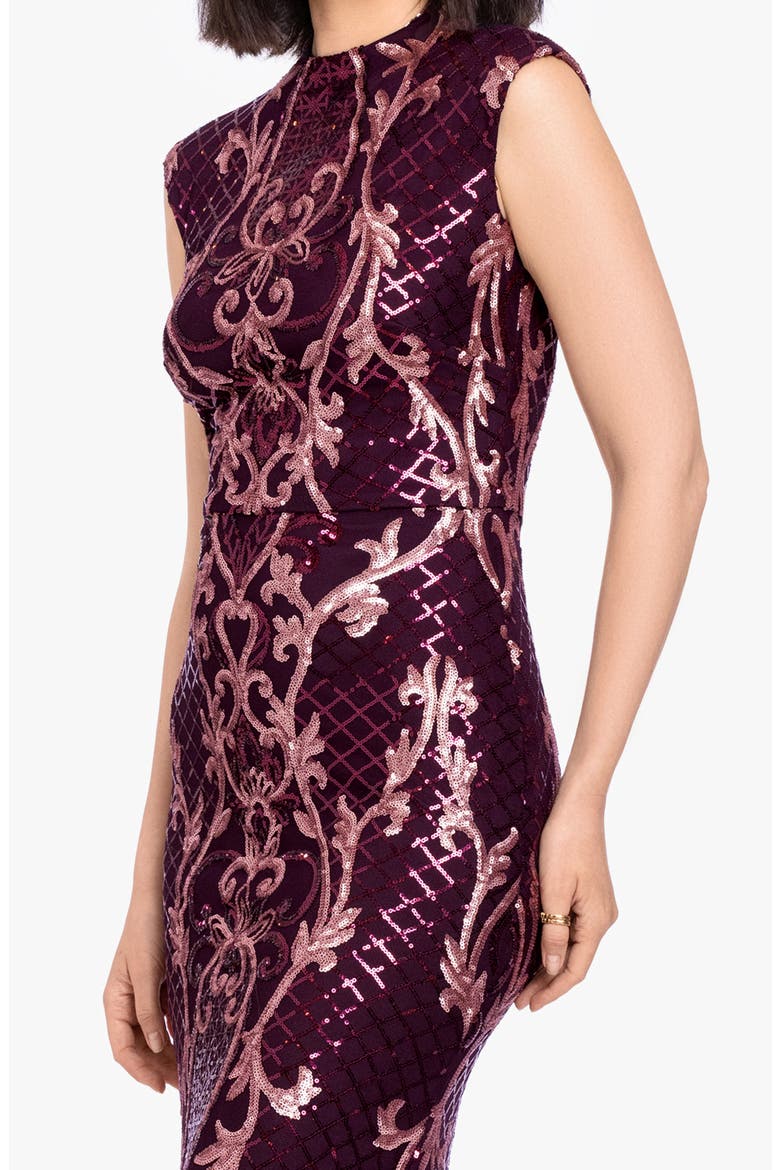 Sequin Mock Neck Sleeveless Mermaid Gown, Alternate, color, WINE/ ROSE