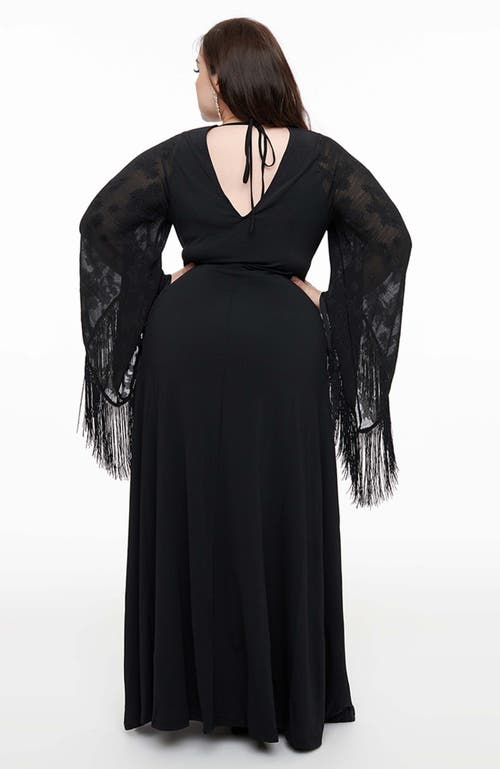 Smak Parlour Plus Size Fringed Long Bell Sleeved Ruched Maxi Dress In Black