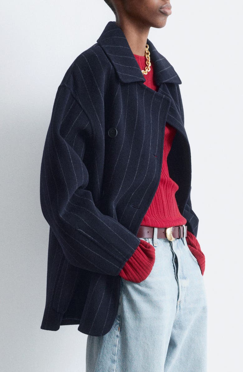 & Other Stories Chalk Stripe Wool Blend Cocoon Jacket, Alternate, color, Navy