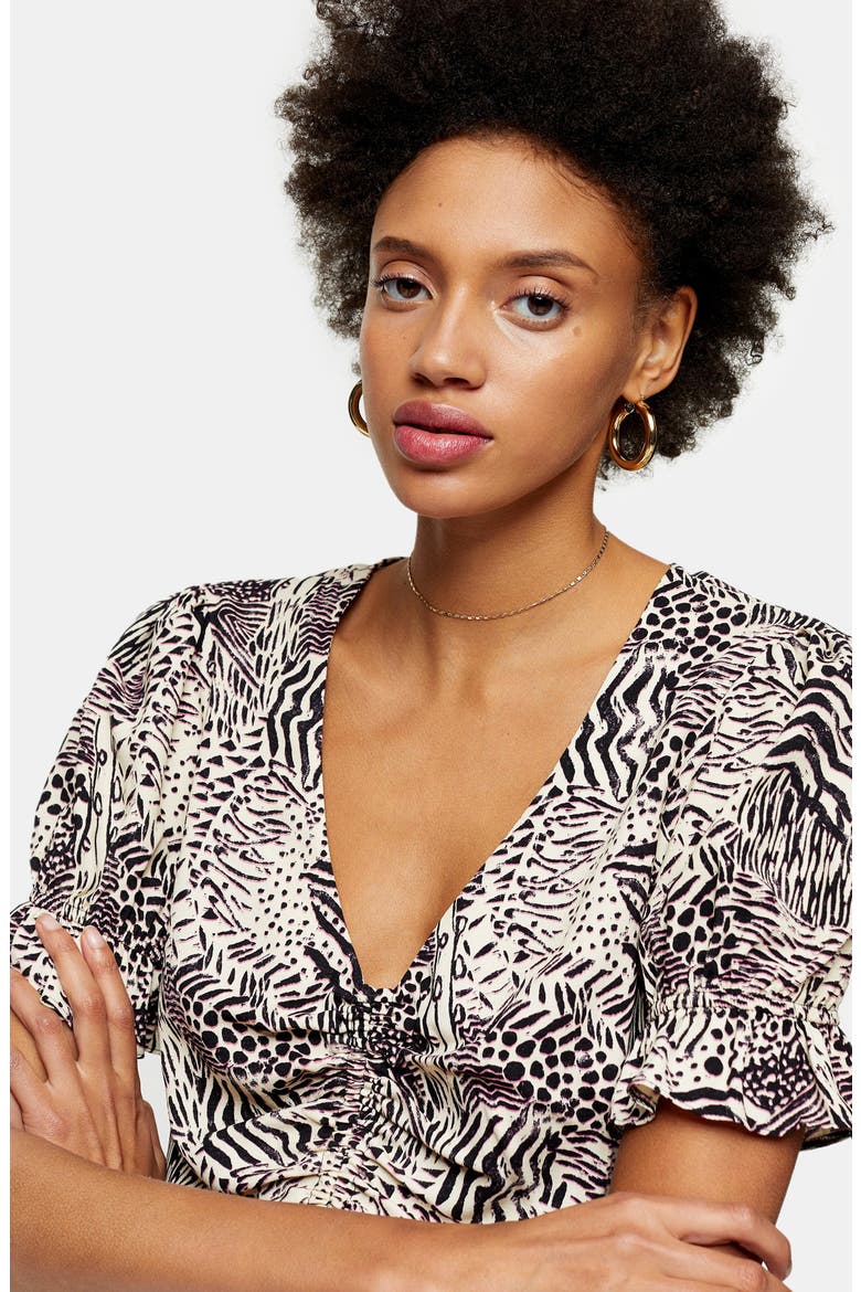 Margot Animal Print Ruched Top, Alternate, color, BLACK