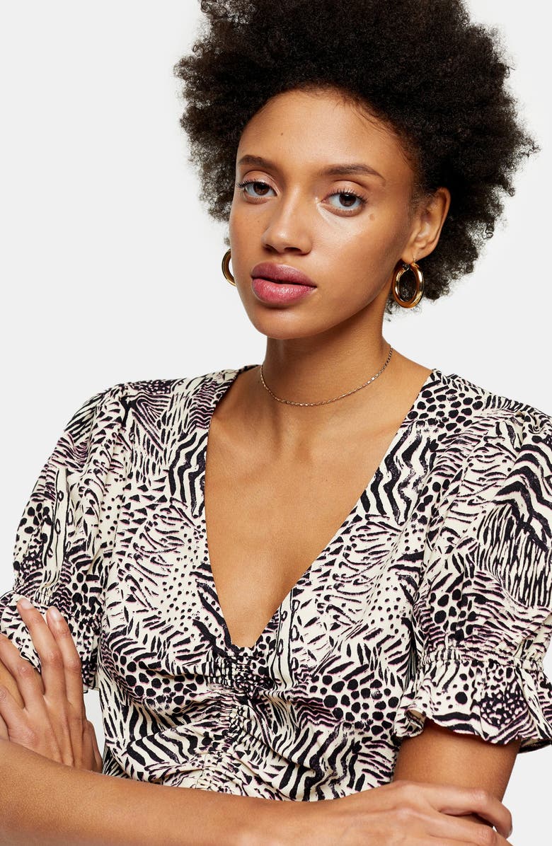 Topshop Margot Animal Print Ruched Top, Alternate, color, 