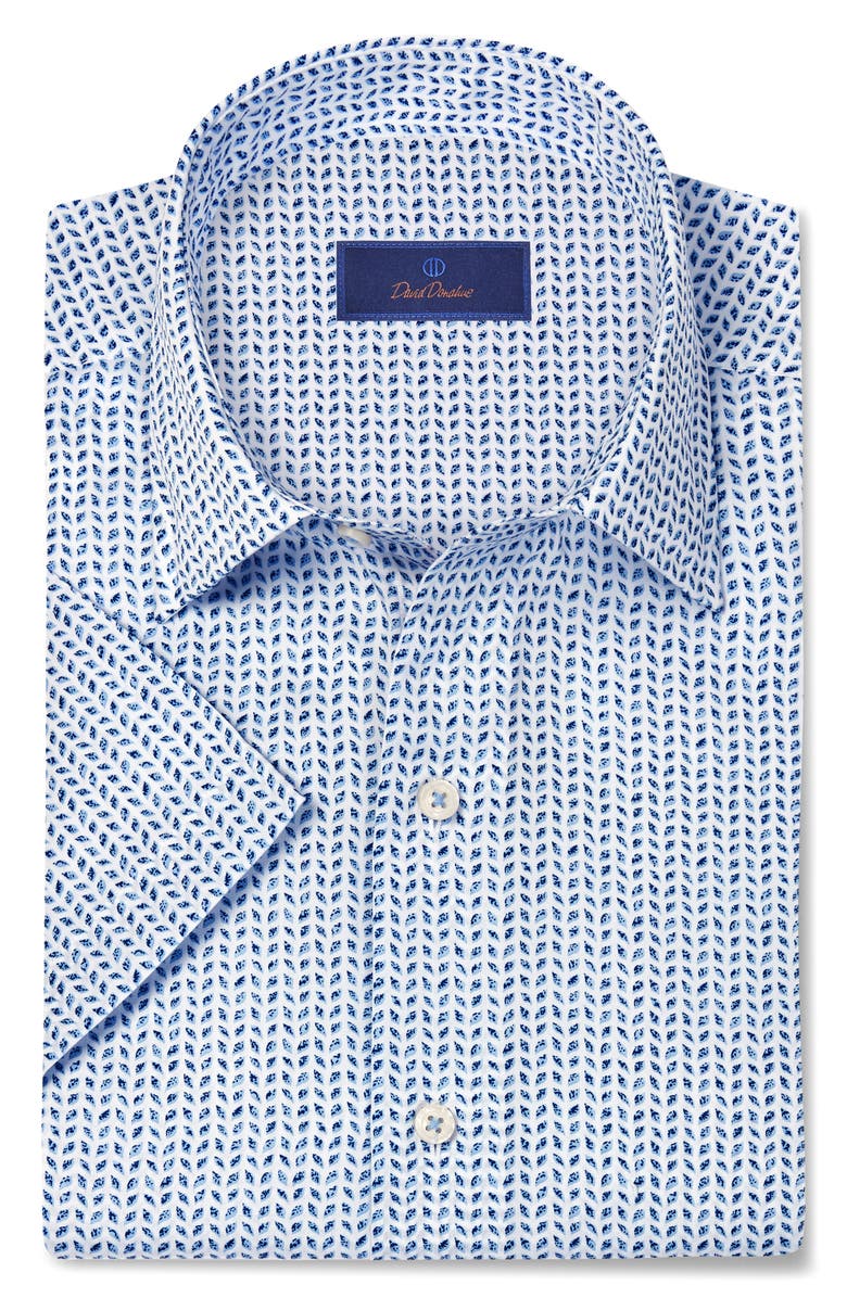 David Donahue Neat Print Short Sleeve Shirt, Main, color, White/ Blue