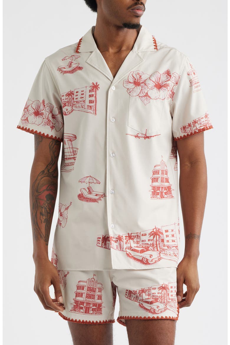 Ocean Drive Print Camp Shirt, Main, color, RED