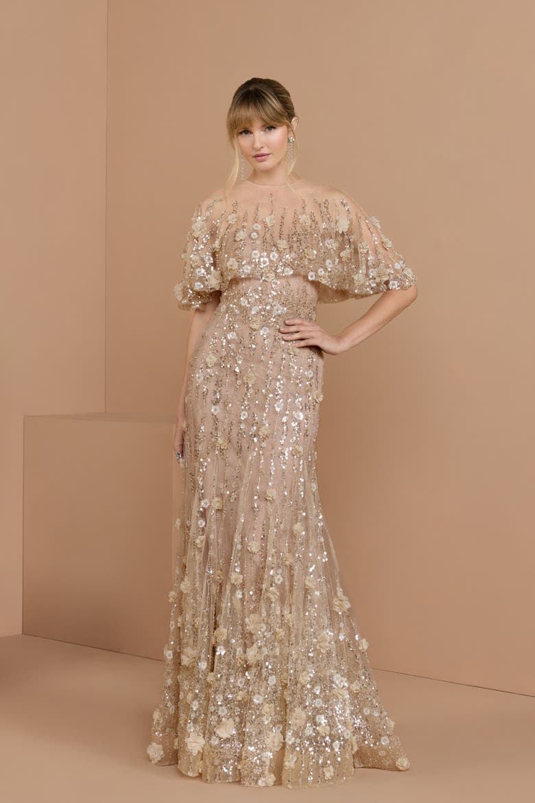 Petite Embellished Cape Sleeve Mermaid Gown, Alternate, color, Almond