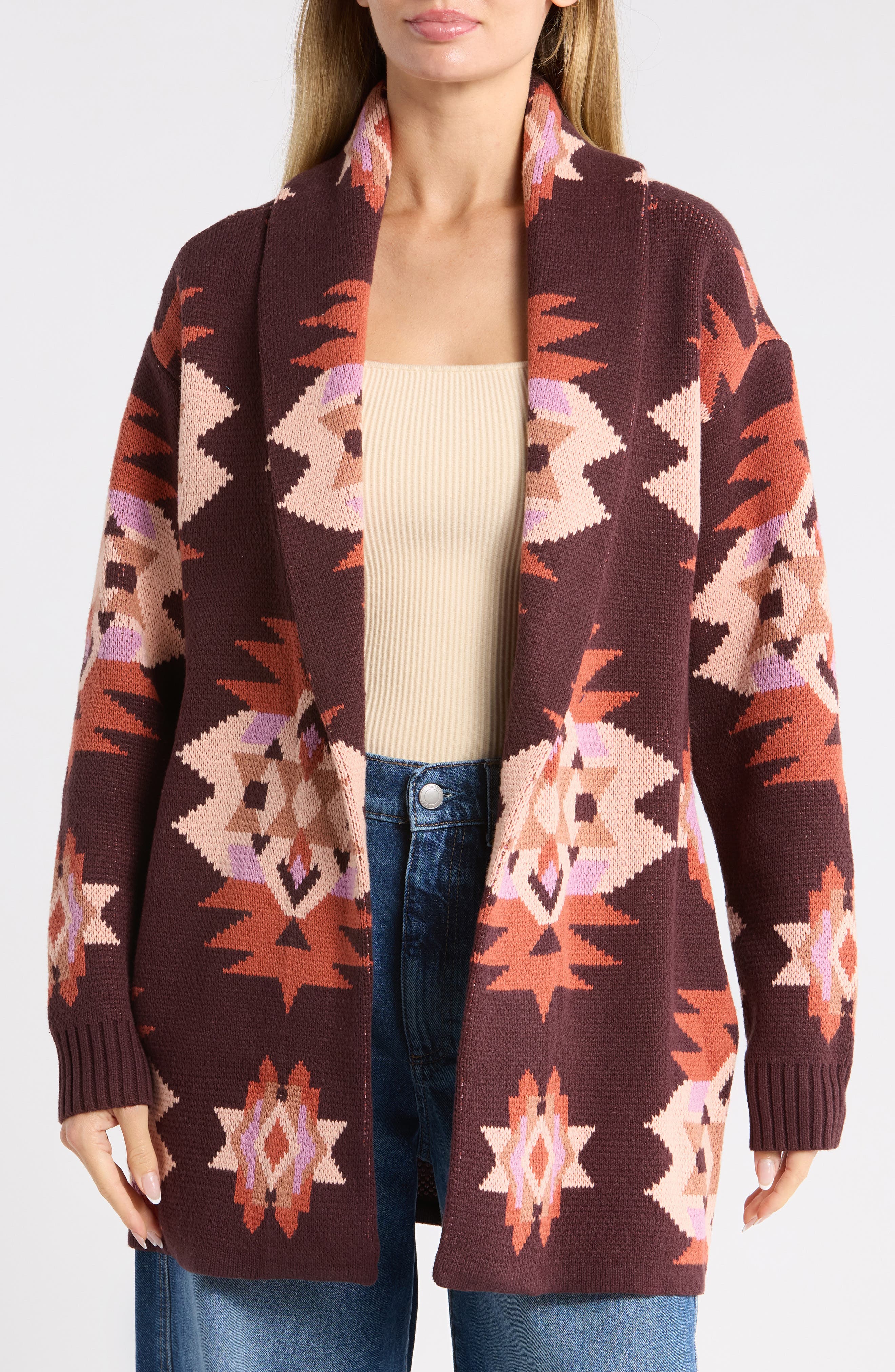 Novelty Pattern Shawl Collar Open Front Cardigan