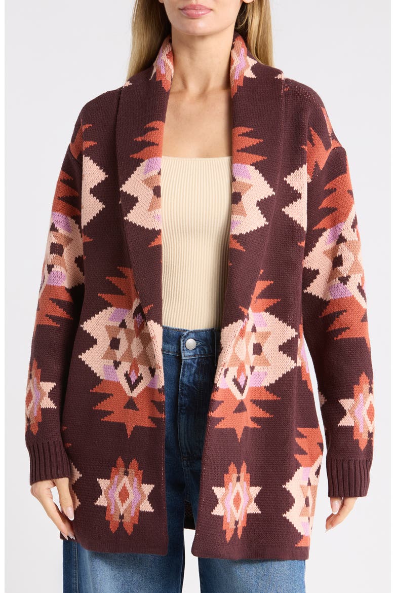 Novelty Pattern Shawl Collar Open Front Cardigan, Main, color, FUDGE COMBO
