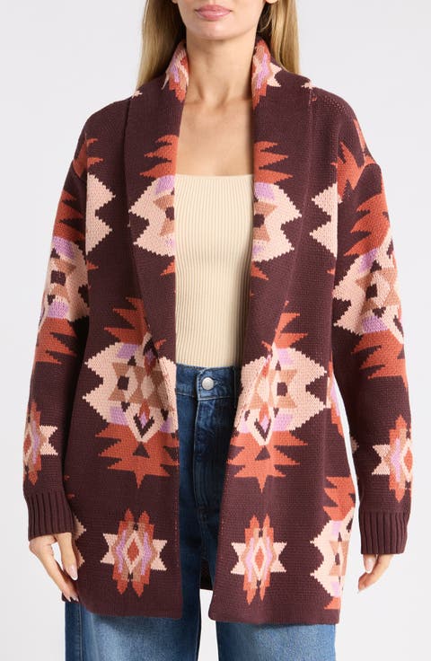 Novelty Pattern Shawl Collar Open Front Cardigan