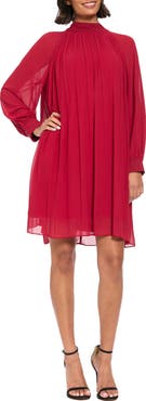 London Times Tie Back Bishop Sleeve Plissè Swing Dress