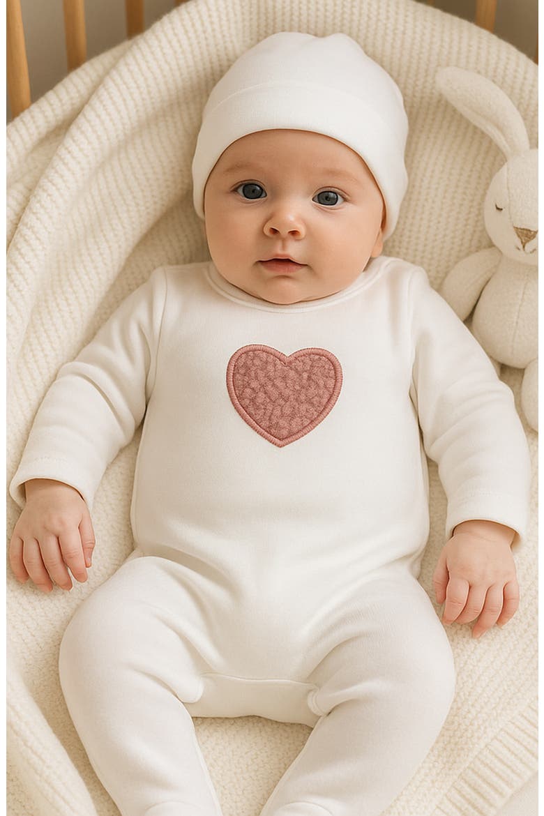 Heart Appliqué Footie & Beanie Set, Alternate, color, OFF WHITE