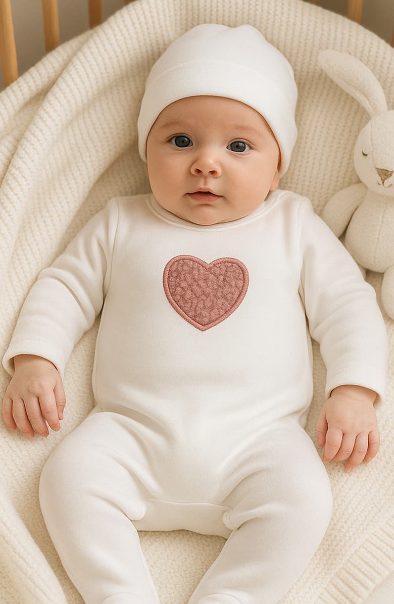 Manière Heart Appliqué Footie & Beanie Set, Alternate, color, Off White