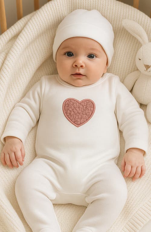 Maniere Manière Heart Appliqué Footie & Beanie Set In White