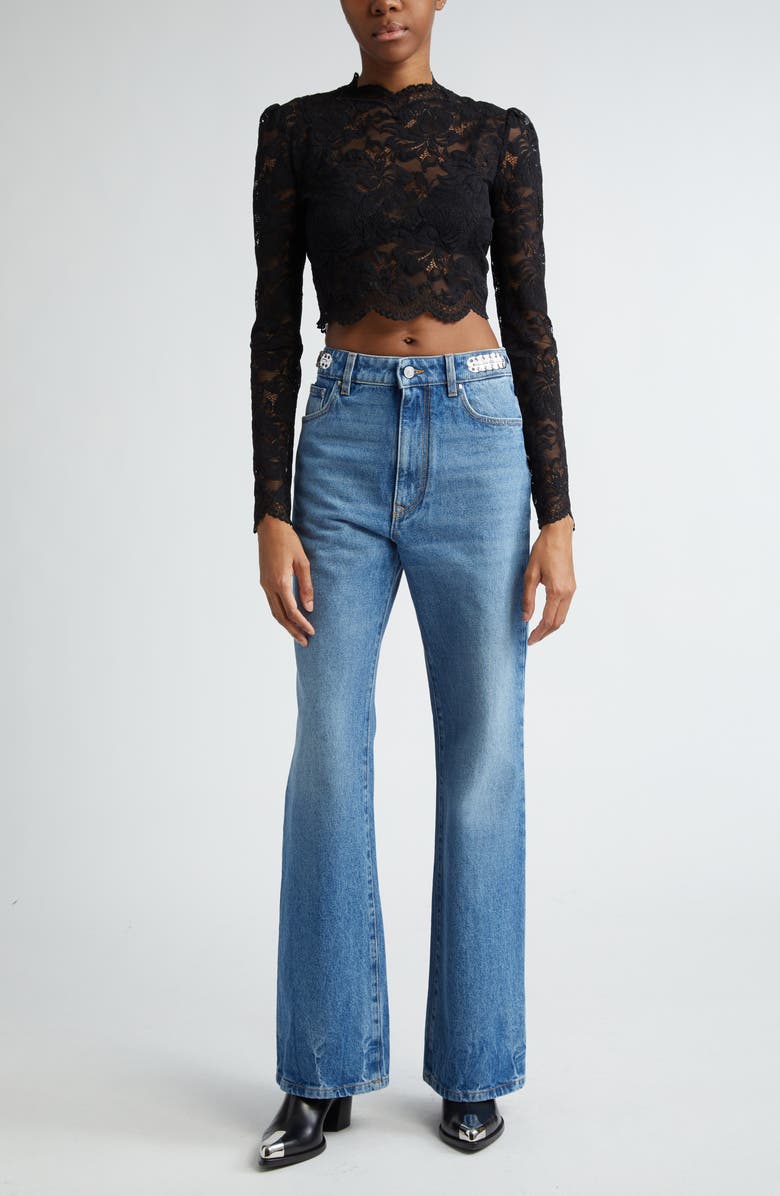 Rabanne Long Sleeve Stretch Lace Crop Top, Alternate, color,