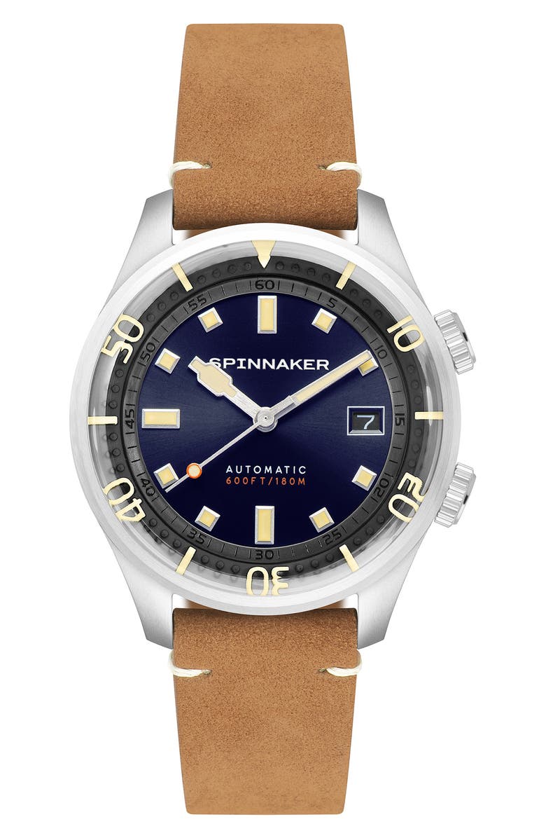 SPINNAKER Bradner Automatic Leather Strap Watch, 42mm, Main, color, Blue