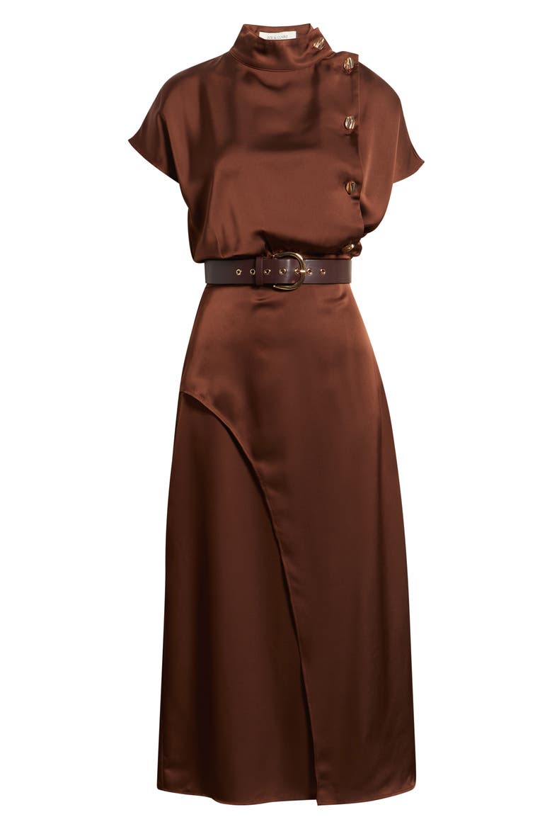 Belted Mock Neck Satin Midi Dress, Alternate, color, BROWN